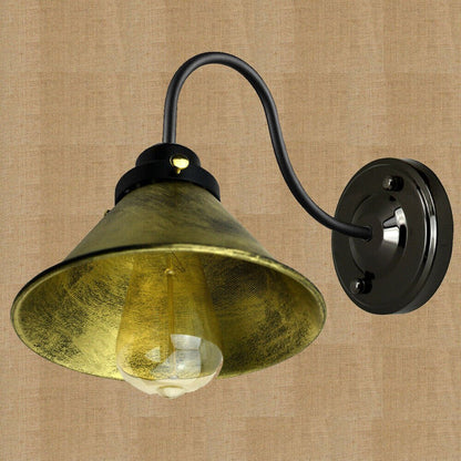 Industrial Swan Neck Wall Light Black with Shade – Flat, Small, Vintage Shades - Black, Small Cone 18 cm Brushed Brass 108 mm Rose Shade Ring, Without Bulb