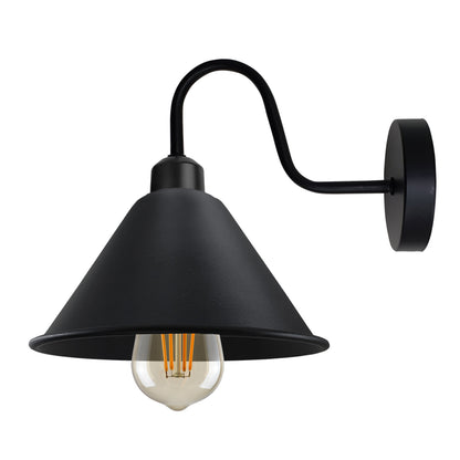 Industrial Swan Neck Wall Light Black with Shade – Flat, Small, Vintage Shades - Black, Small Cone 18 cm Black, Without Bulb