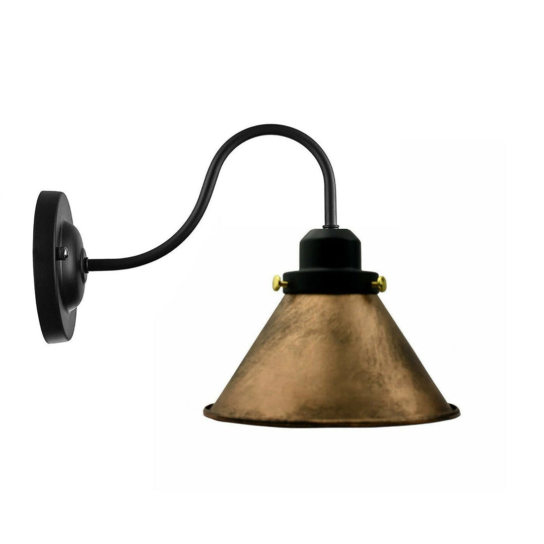 Industrial Swan Neck Wall Light Black with Shade – Flat, Small, Vintage Shades - Black, Small Cone 18 cm Brushed Copper 108 mm Rose Shade Ring, Without Bulb