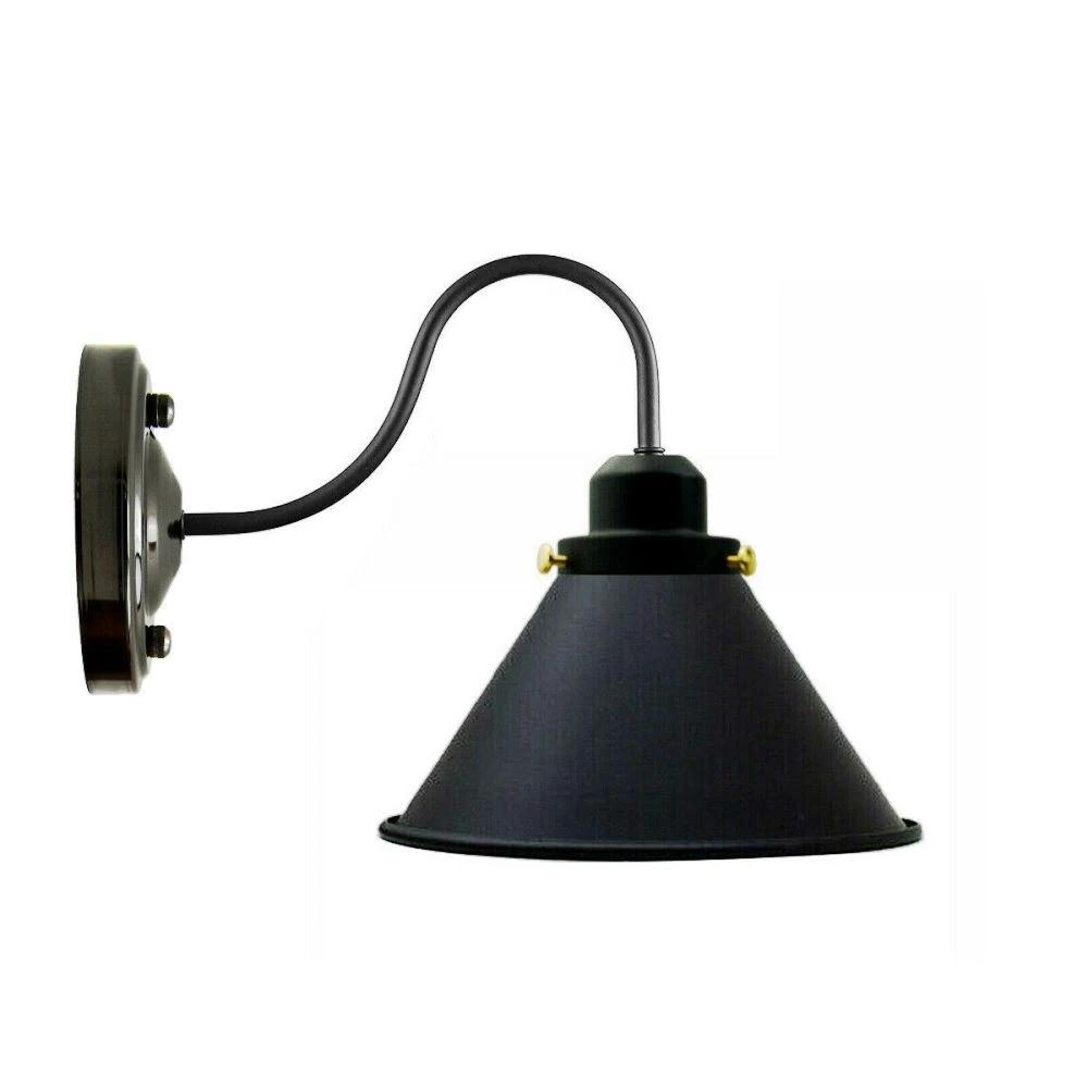 Industrial Swan Neck Wall Light Black with Shade – Flat, Small, Vintage Shades - Black, Small Cone 18 cm Black 108 mm Rose Shade Ring, Without Bulb