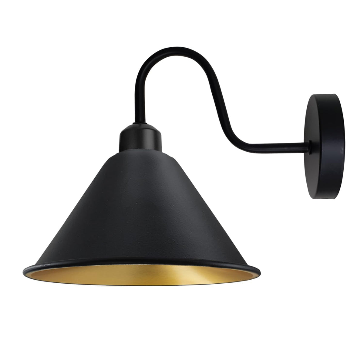 Industrial Swan Neck Wall Light Black with Shade – Flat, Small, Vintage Shades - Black, Small Cone 18 cm Black & Gold, Without Bulb