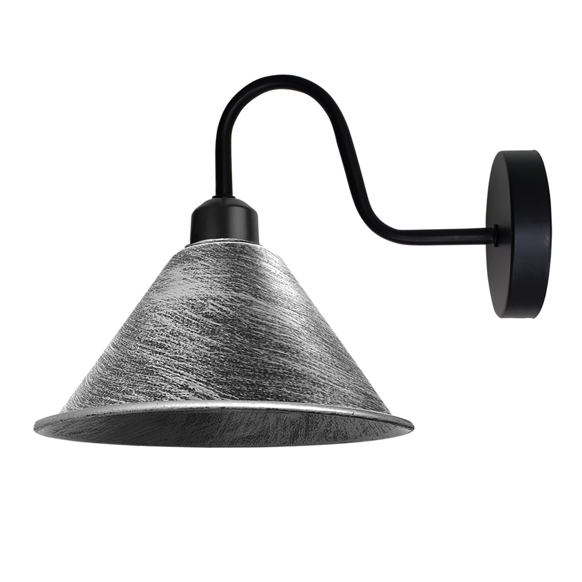 Industrial Swan Neck Wall Light Black with Shade – Flat, Small, Vintage Shades - Black, Small Cone 18 cm Brushed Silver, Without Bulb
