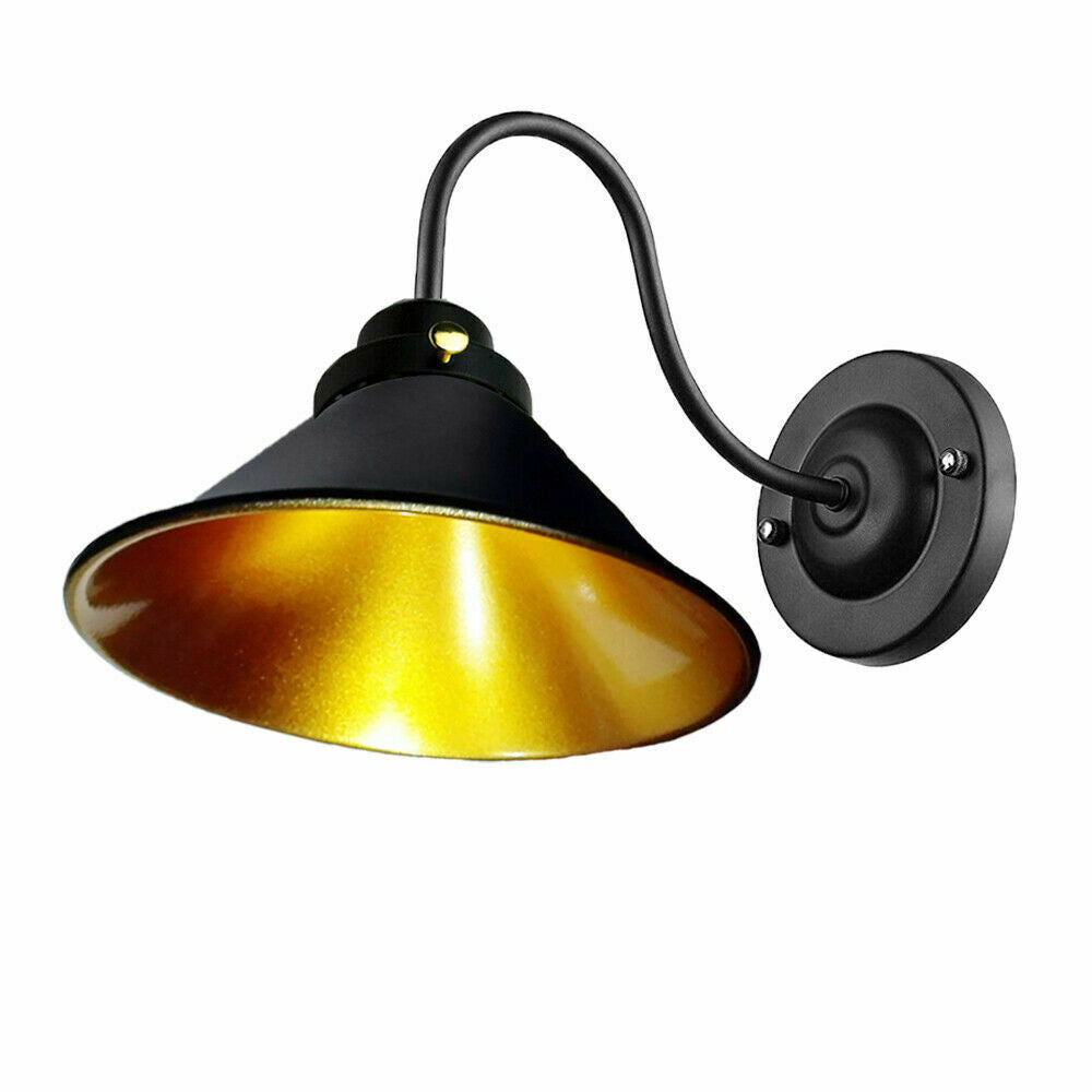 Industrial Swan Neck Wall Light Black with Shade – Flat, Small, Vintage Shades - Black, Small Cone 18 cm Black & Gold 108 mm Rose Shade Ring, Without Bulb