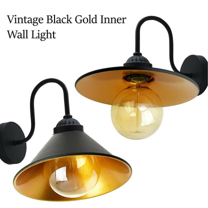 Industrial Swan Neck Wall Light Black with Shade – Flat, Small, Vintage Shades - Black, Small Cone 18 cm Black & Gold 108 mm Rose, Without Bulb