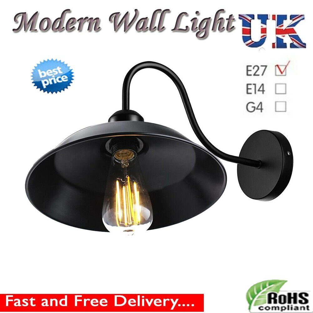 Industrial Swan Neck Wall Light Black with Shade – Flat, Small, Vintage Shades - Black, Top 26 cm Black, Without Bulb