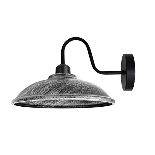 Industrial Swan Neck Wall Light Black with Shade – Flat, Small, Vintage Shades - Black, Vintage 24 cm Brushed Silver, Without Bulb