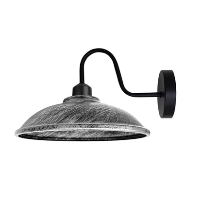 Industrial Swan Neck Wall Light Black with Shade – Flat, Small, Vintage Shades - Black, Vintage 24 cm Brushed Silver, Without Bulb