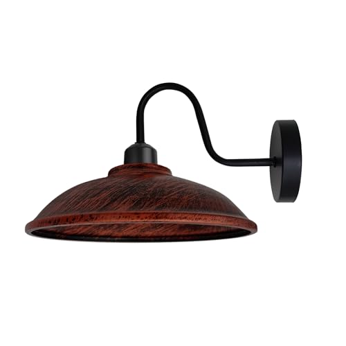 Industrial Swan Neck Wall Light Black with Shade – Flat, Small, Vintage Shades - Black, Vintage 24 cm Rustic Red, Without Bulb