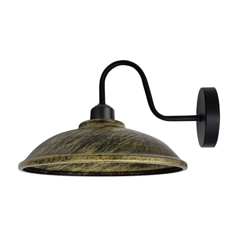 Industrial Swan Neck Wall Light Black with Shade – Flat, Small, Vintage Shades - Black, Vintage 24 cm Brushed Brass, Without Bulb
