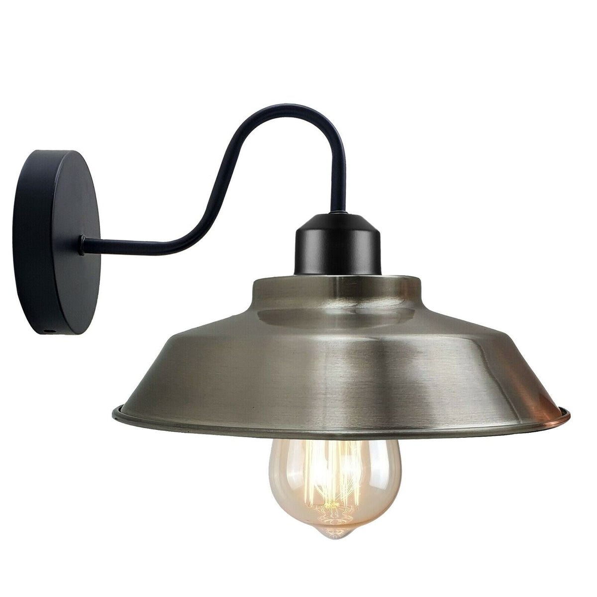 Industrial Swan Neck Wall Light Black with Shade – Flat, Small, Vintage Shades - Black, Vintage Dome 22 cm Satin Nickel, Without Bulb