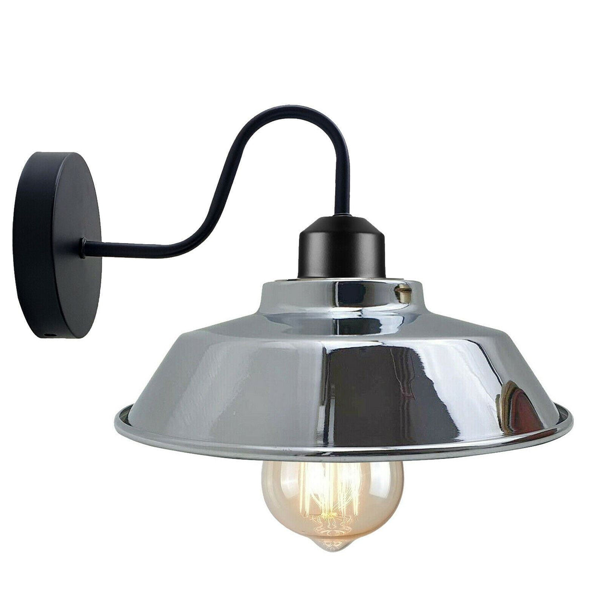 Industrial Swan Neck Wall Light Black with Shade – Flat, Small, Vintage Shades - Black, Vintage Dome 22 cm Chrome, Without Bulb