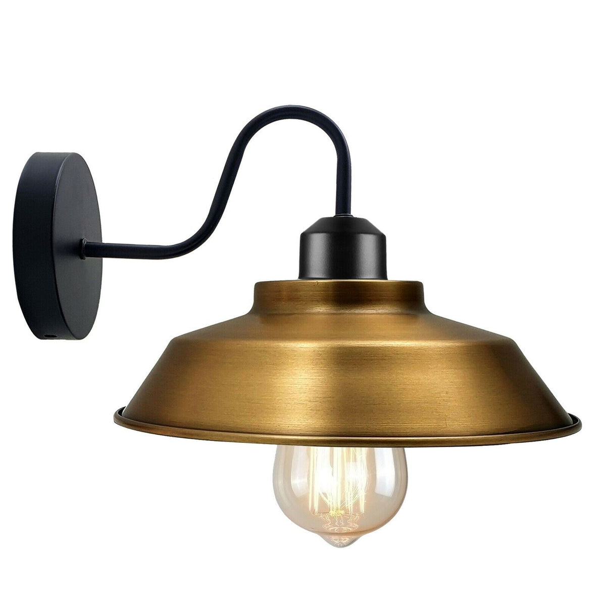 Industrial Swan Neck Wall Light Black with Shade – Flat, Small, Vintage Shades - Black, Vintage Dome 22 cm Yellow Brass, Without Bulb