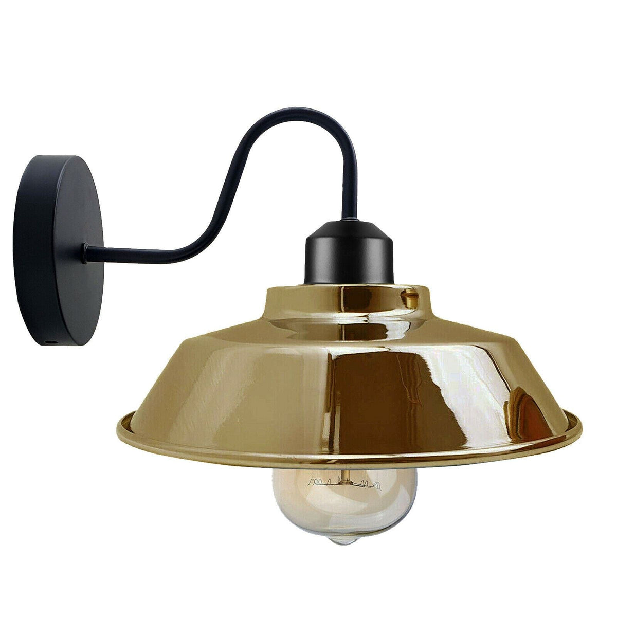 Industrial Swan Neck Wall Light Black with Shade – Flat, Small, Vintage Shades - Black, Vintage Dome 22 cm French Gold, Without Bulb