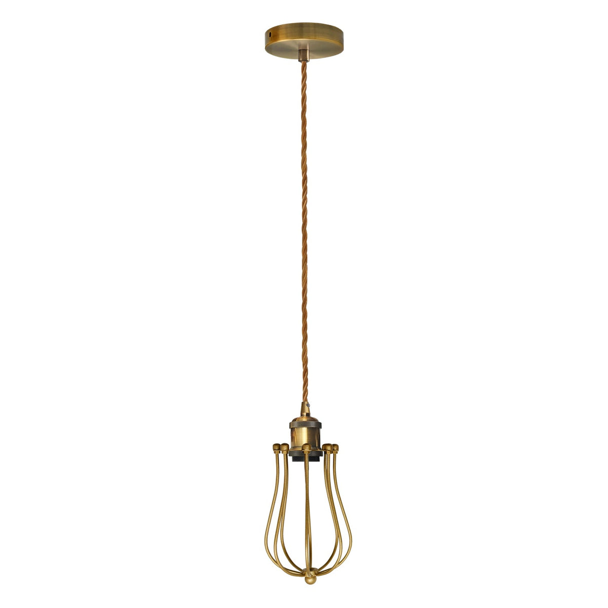 Brass Pendant Light Set – 1m Twisted Cable, E27, Optional Shades - Yellow Brass, Round Cage Gold, Without Bulb