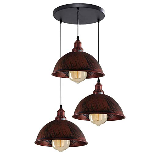 3 Light Cluster Pendant – Round Plate or Bar, 40+ Shade Choices, E27 - Copper, Dome 21 cm Rustic Red, Round Plate, Without Bulb
