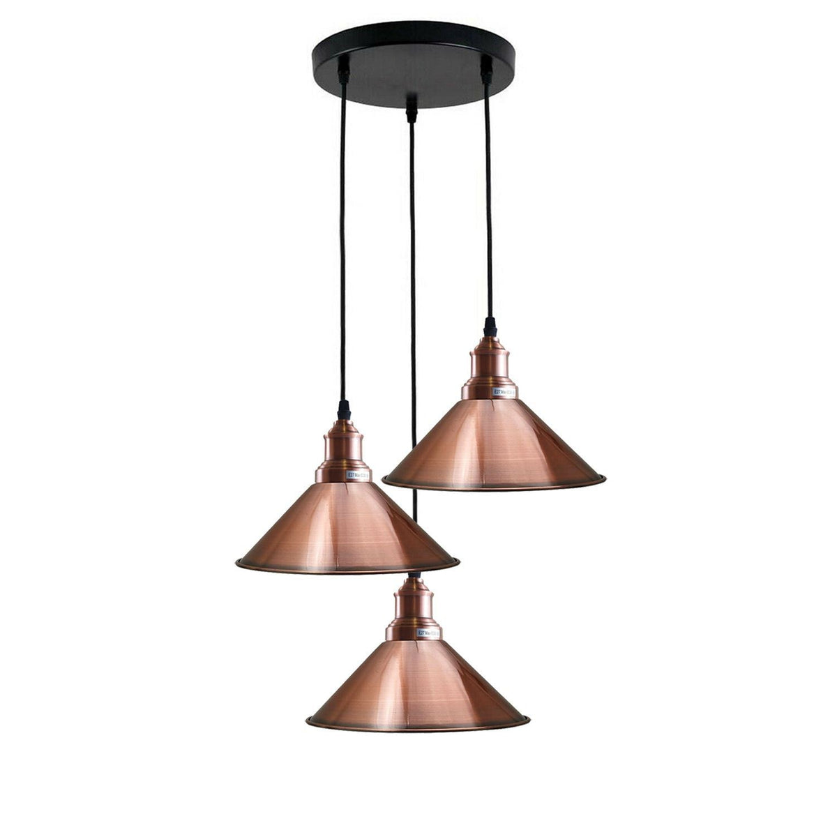 3 Light Cluster Pendant – Round Plate or Bar, 40+ Shade Choices, E27 - Copper, Flat Cone 22 cm Copper, Round Plate, Without Bulb