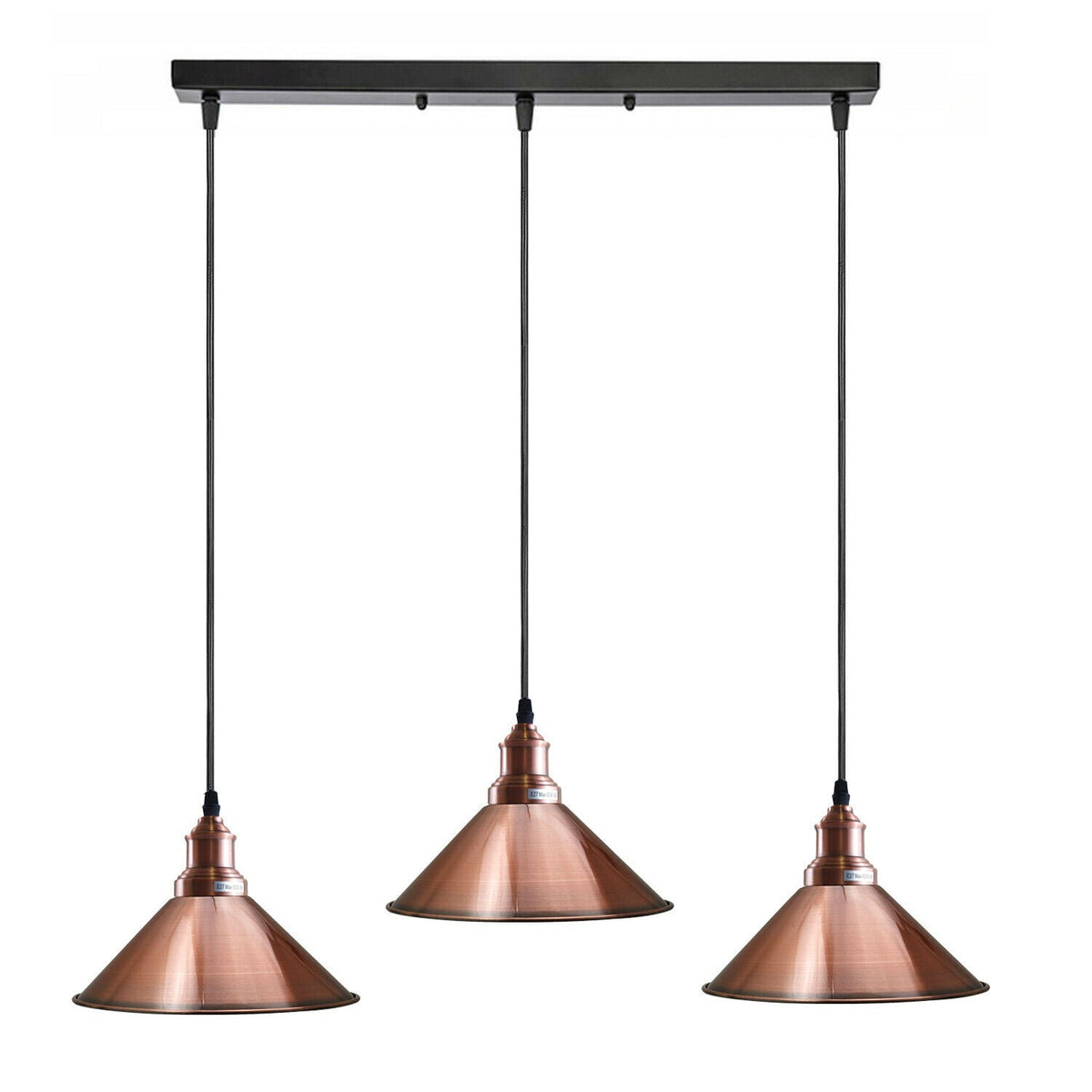 3 Light Cluster Pendant – Round Plate or Bar, 40+ Shade Choices, E27 - Copper, Flat Cone 22 cm Copper, Straight Bar, Without Bulb