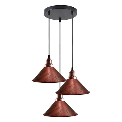 3 Light Cluster Pendant – Round Plate or Bar, 40+ Shade Choices, E27 - Copper, Flat Cone 22 cm Rustic Red, Round Plate, Without Bulb