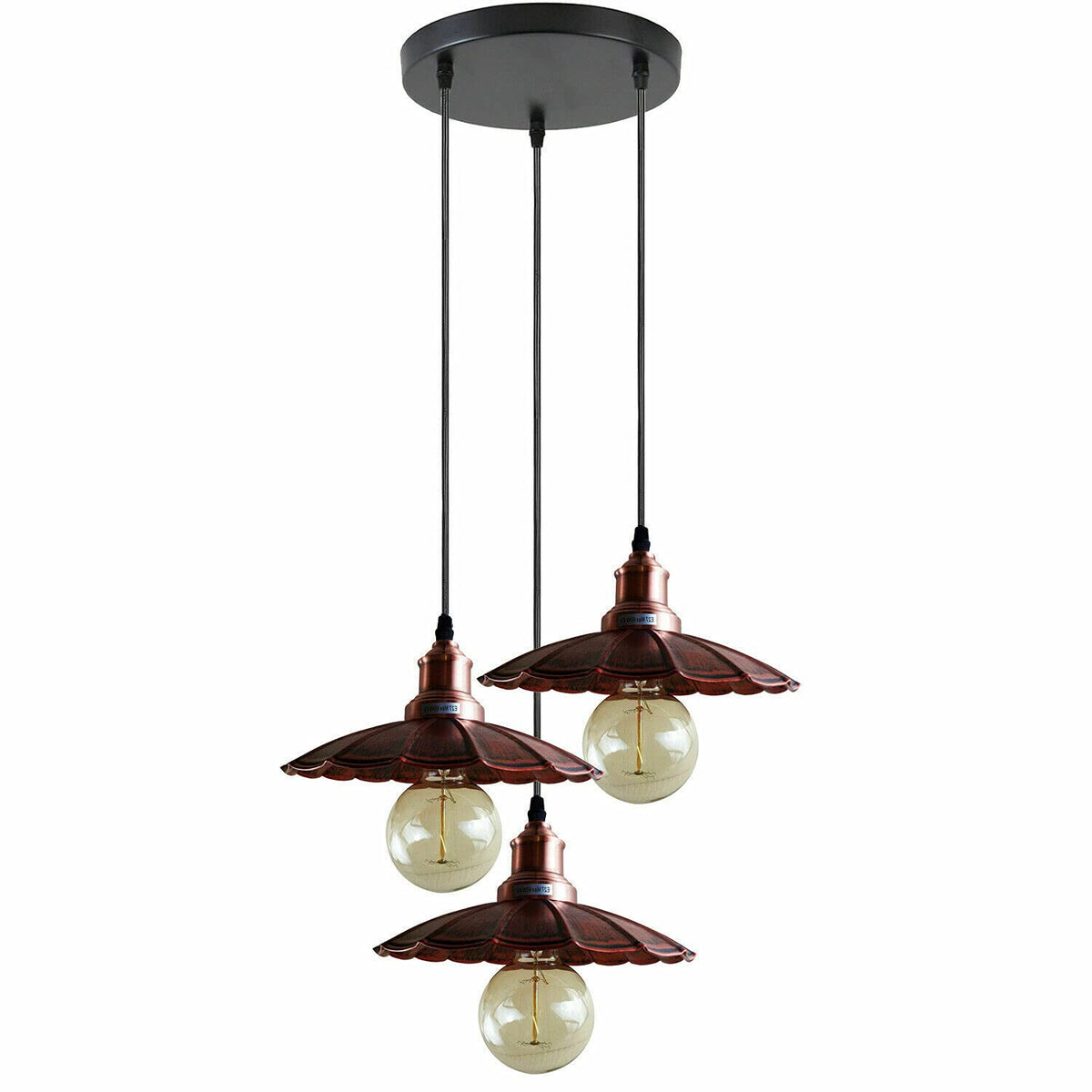 3 Light Cluster Pendant – Round Plate or Bar, 40+ Shade Choices, E27 - Copper, Lounge 22 cm Rustic Red, Round Plate, G95 LED Bulb 4W