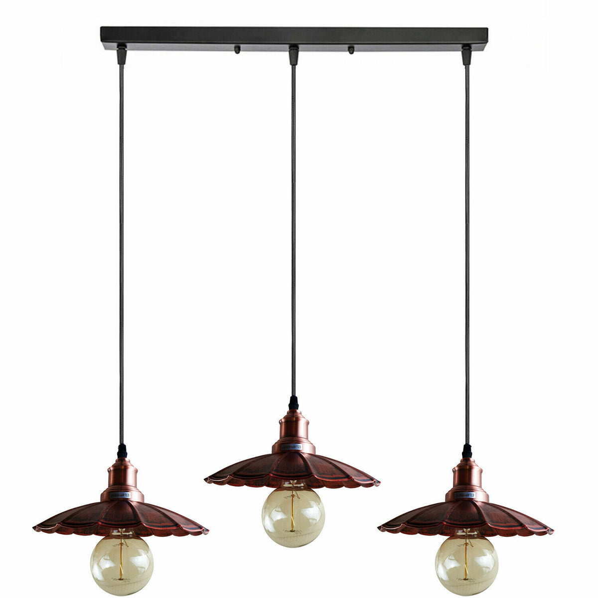 3 Light Cluster Pendant – Round Plate or Bar, 40+ Shade Choices, E27 - Copper, Lounge 22 cm Rustic Red, Straight Bar, G95 LED Bulb 4W