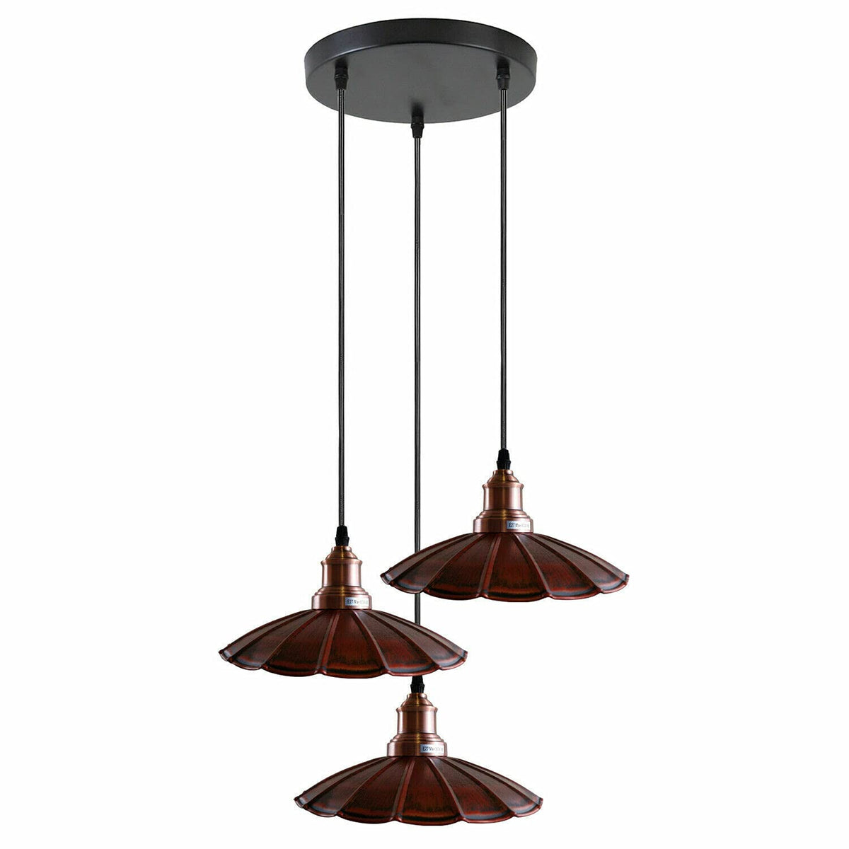 3 Light Cluster Pendant – Round Plate or Bar, 40+ Shade Choices, E27 - Copper, Lounge 22 cm Rustic Red, Round Plate, Without Bulb