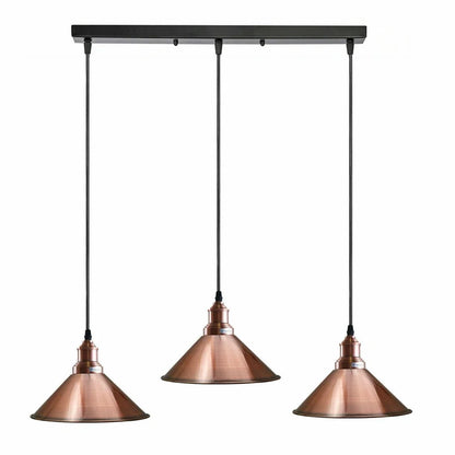 3 Light Cluster Pendant – Round Plate or Bar, 40+ Shade Choices, E27 - Copper, Small Cone 22 cm Copper, Straight Bar, Without Bulb