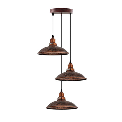 3 Light Cluster Pendant – Round Plate or Bar, 40+ Shade Choices, E27 - Copper, Vintage 24 cm Rustic Red, Round Plate, Without Bulb