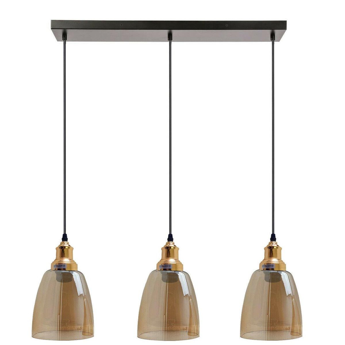 3 Light Cluster Pendant – Round Plate or Bar, 40+ Shade Choices, E27 - French Gold, Glass Bell 13.6 cm Amber, Straight Bar, Without Bulb