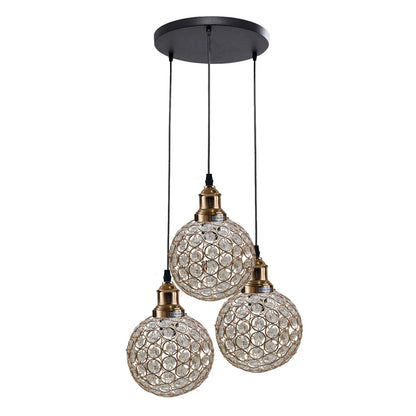 3 Light Cluster Pendant – Round Plate or Bar, 40+ Shade Choices, E27 - French Gold, Crystal Ball 15 cm French Gold, Round Plate, Without Bulb