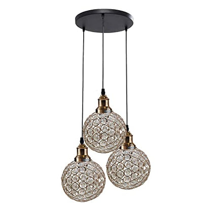 3 Light Cluster Pendant – Round Plate or Bar, 40+ Shade Choices, E27 - French Gold, Glass 25 cm Amber, Round Plate, Without Bulb