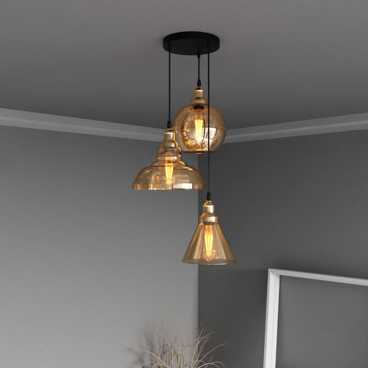 3 Light Cluster Pendant – Round Plate or Bar, 40+ Shade Choices, E27 - French Gold, Mixed Amber Glass (Globe, Dome, Cage), Round Plate, Without Bulb