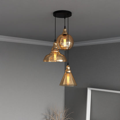 3 Light Cluster Pendant – Round Plate or Bar, 40+ Shade Choices, E27 - French Gold, Mixed Amber Glass (Globe, Dome, Cage), Round Plate, Without Bulb