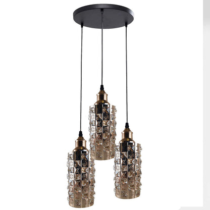 3 Light Cluster Pendant – Round Plate or Bar, 40+ Shade Choices, E27 - French Gold, Crystal Cylinder 10.5 cm French Gold, Round Plate, Without Bulb