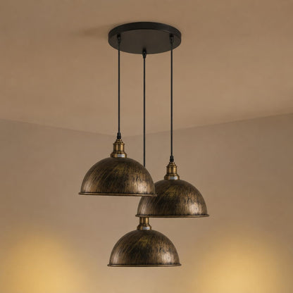 3 Light Cluster Pendant – Round Plate or Bar, 40+ Shade Choices, E27 - Green Brass, Dome 21 cm Brushed Brass, Round Plate, Without Bulb