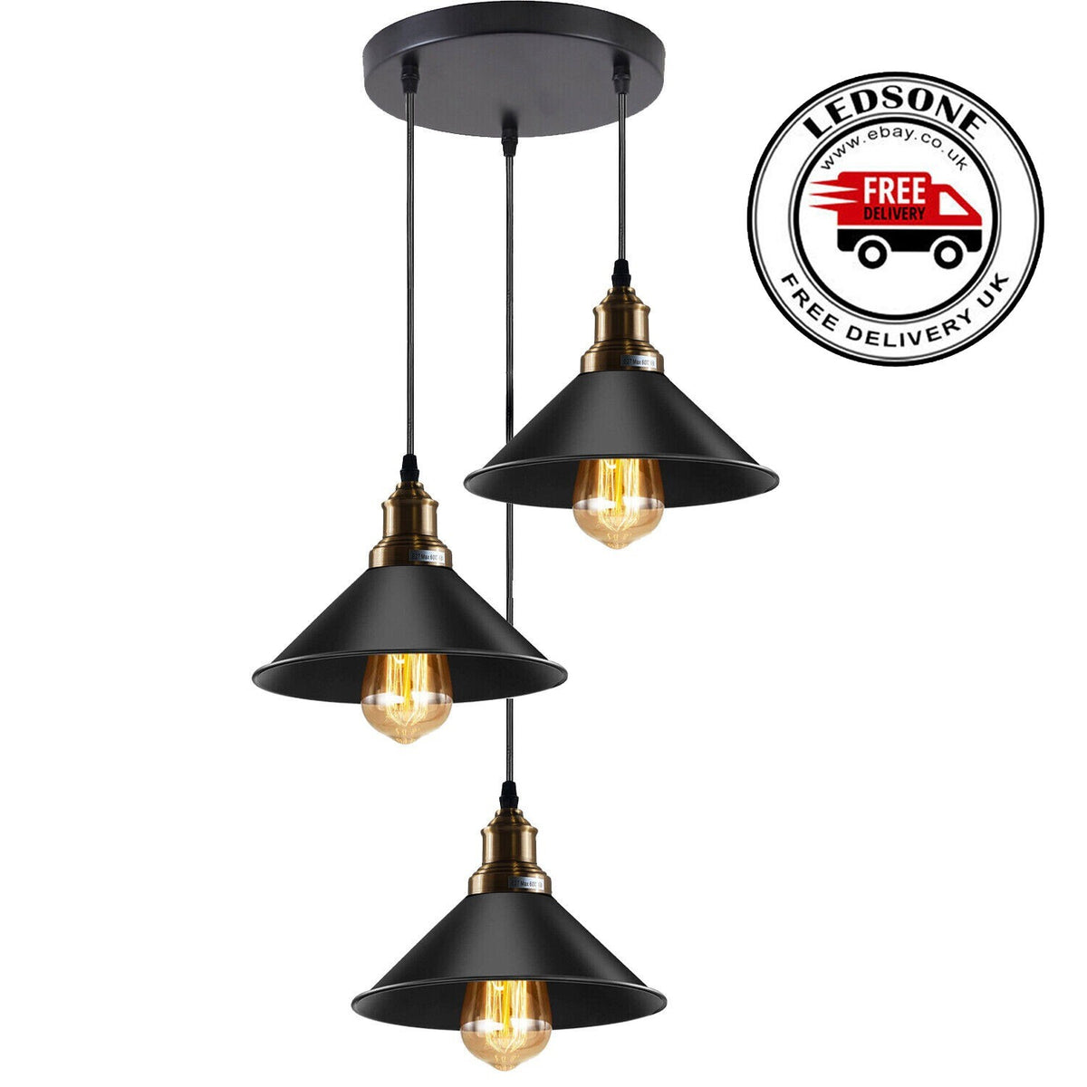 3 Light Cluster Pendant – Round Plate or Bar, 40+ Shade Choices, E27 - Green Brass, Flat Cone 22 cm Black, Round Plate, Without Bulb