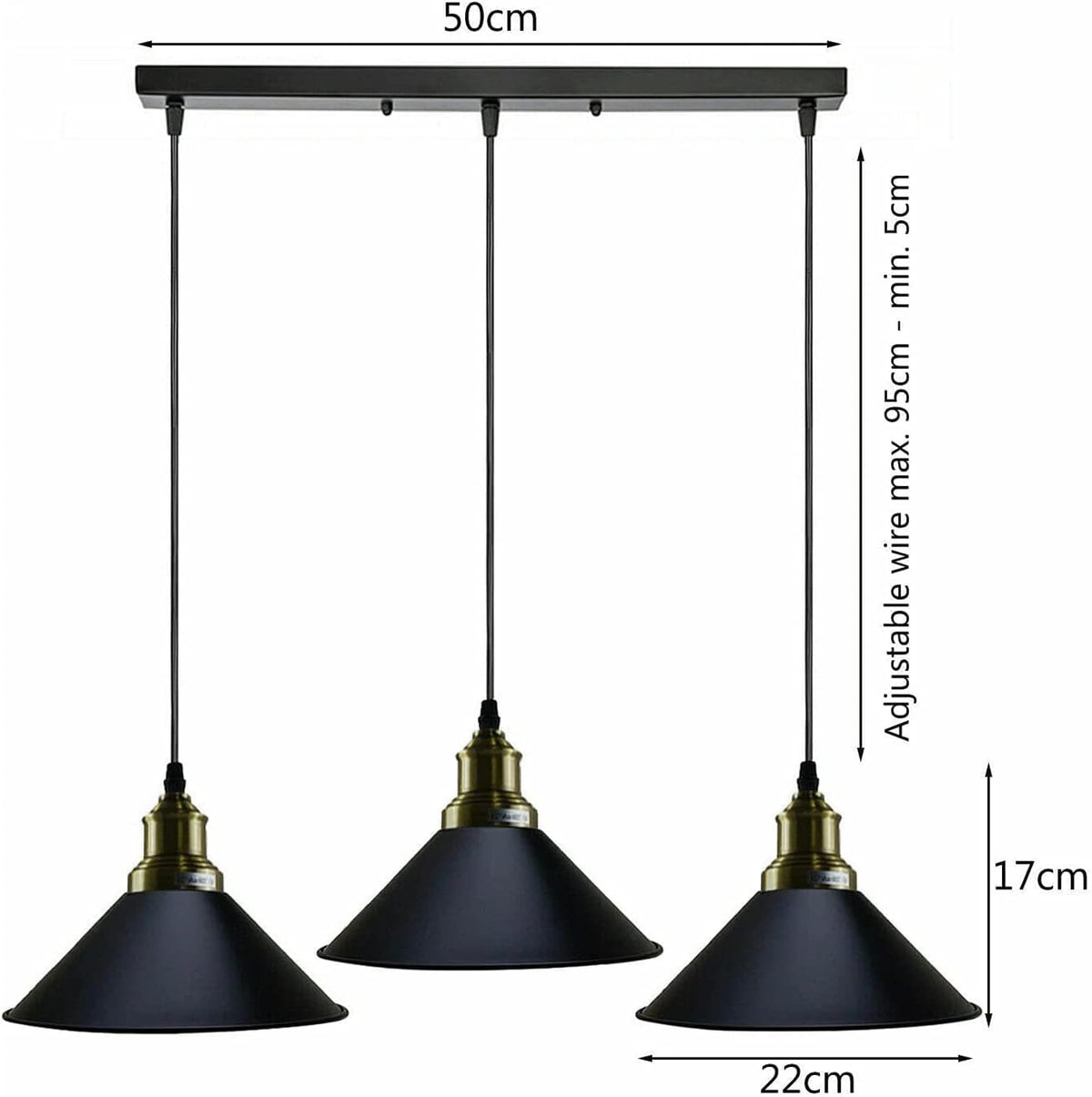 3 Light Cluster Pendant – Round Plate or Bar, 40+ Shade Choices, E27 - Green Brass, Flat Cone 22 cm Black, Straight Bar, Without Bulb