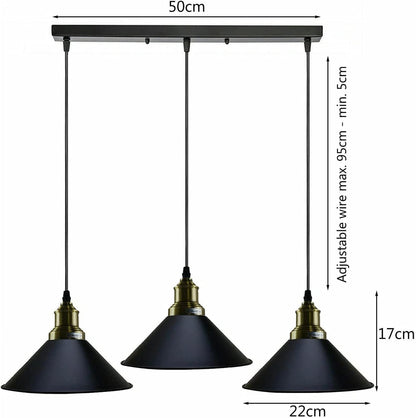3 Light Cluster Pendant – Round Plate or Bar, 40+ Shade Choices, E27 - Green Brass, Flat Cone 22 cm Black, Straight Bar, Without Bulb