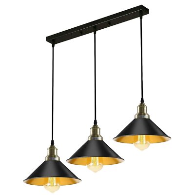 3 Light Cluster Pendant – Round Plate or Bar, 40+ Shade Choices, E27 - Green Brass, Flat Cone 22 cm Black & Gold, Straight Bar, Without Bulb