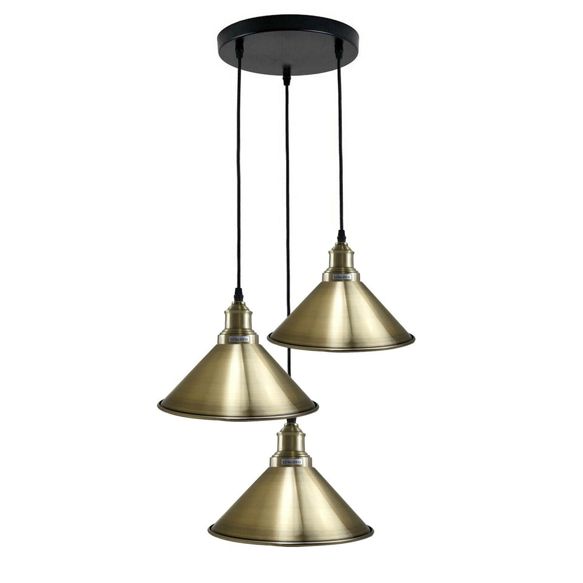 3 Light Cluster Pendant – Round Plate or Bar, 40+ Shade Choices, E27 - Green Brass, Flat Cone 22 cm Green Brass, Round Plate, Without Bulb