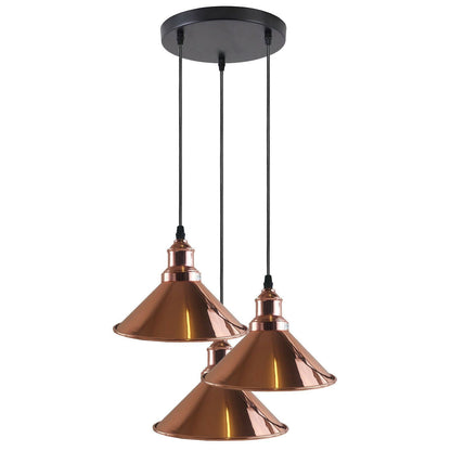 3 Light Cluster Pendant – Round Plate or Bar, 40+ Shade Choices, E27 - Rose Gold, Flat Cone 22 cm Rose Gold, Round Plate, Without Bulb