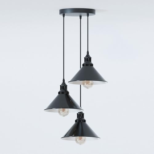 3 Light Cluster Pendant – Round Plate or Bar, 40+ Shade Choices, E27 - Shiny Black, Flat Cone 22 cm Shiny Black, Round Plate, ST64 LED Bulb 4W