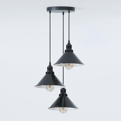 3 Light Cluster Pendant – Round Plate or Bar, 40+ Shade Choices, E27 - Shiny Black, Flat Cone 22 cm Shiny Black, Round Plate, ST64 LED Bulb 4W