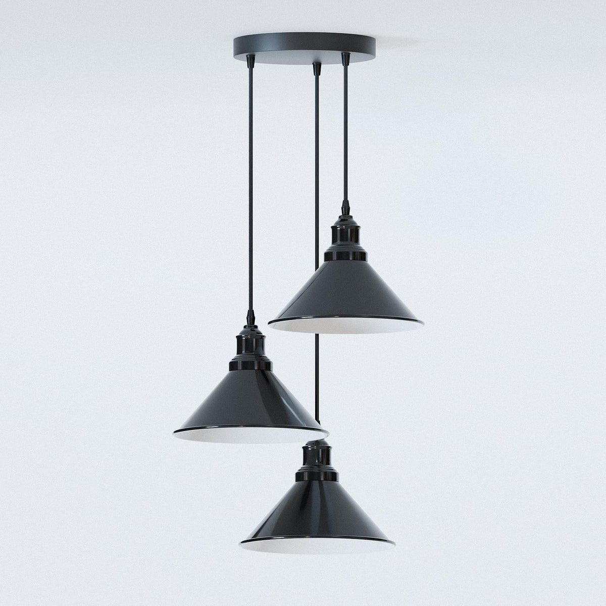 3 Light Cluster Pendant – Round Plate or Bar, 40+ Shade Choices, E27 - Shiny Black, Flat Cone 22 cm Shiny Black, Round Plate, Without Bulb