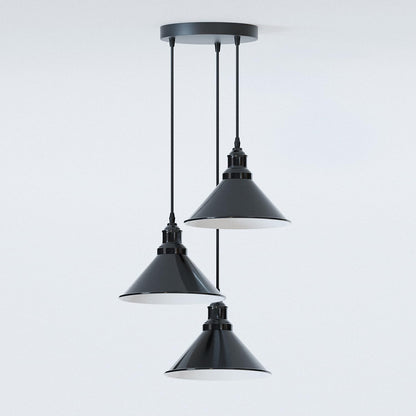 3 Light Cluster Pendant – Round Plate or Bar, 40+ Shade Choices, E27 - Shiny Black, Flat Cone 22 cm Shiny Black, Round Plate, Without Bulb