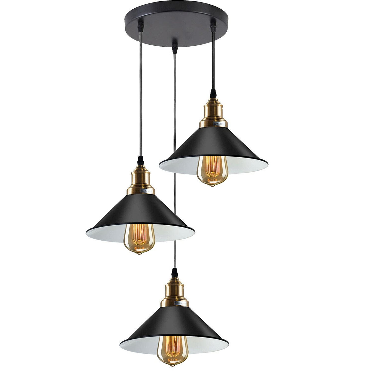 3 Light Cluster Pendant – Round Plate or Bar, 40+ Shade Choices, E27 - Yellow Brass, Flat Cone 22 cm Black & White Inner, Round Plate, Without Bulb