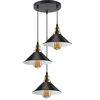 3 Light Cluster Pendant – Round Plate or Bar, 40+ Shade Choices, E27 - Yellow Brass, Flat Cone 22 cm Black & White Inner, Round Plate, Without Bulb