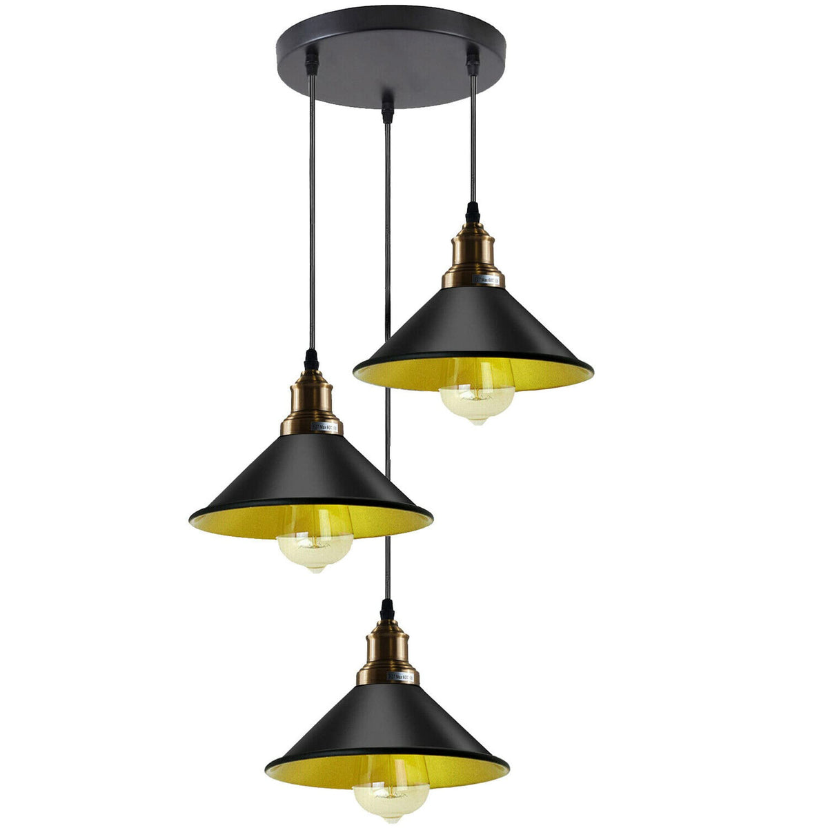 3 Light Cluster Pendant – Round Plate or Bar, 40+ Shade Choices, E27 - Yellow Brass, Flat Cone 22 cm Black & Gold, Round Plate, Without Bulb
