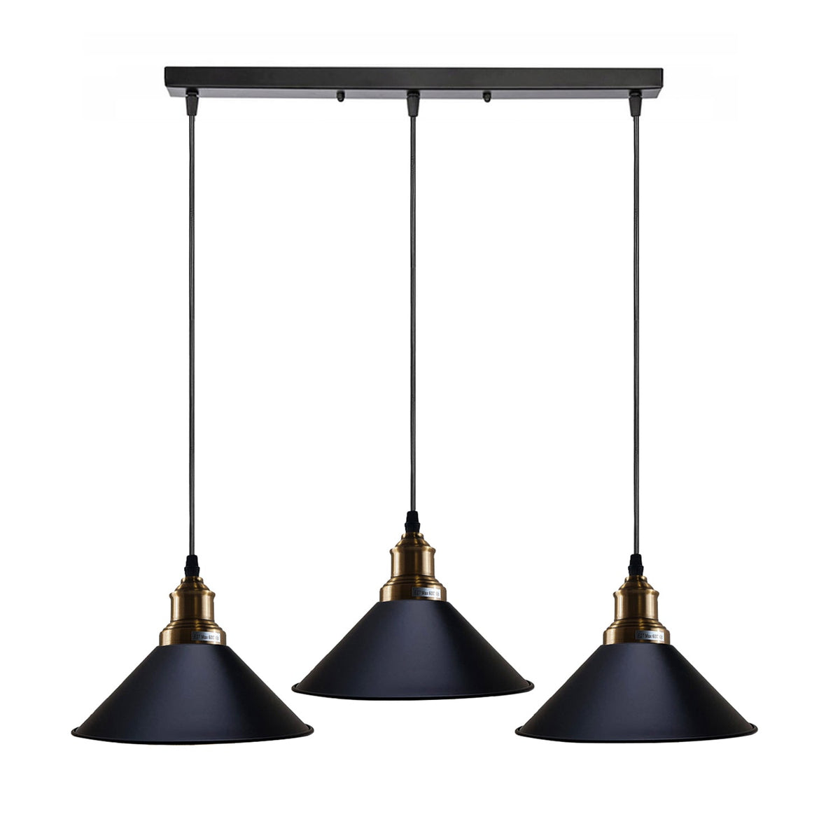 3 Light Cluster Pendant – Round Plate or Bar, 40+ Shade Choices, E27 - Yellow Brass, Flat Cone 22 cm Black, Straight Bar, Without Bulb
