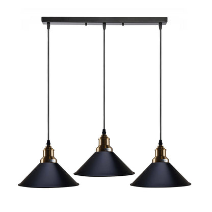 3 Light Cluster Pendant – Round Plate or Bar, 40+ Shade Choices, E27 - Yellow Brass, Flat Cone 22 cm Black, Straight Bar, Without Bulb