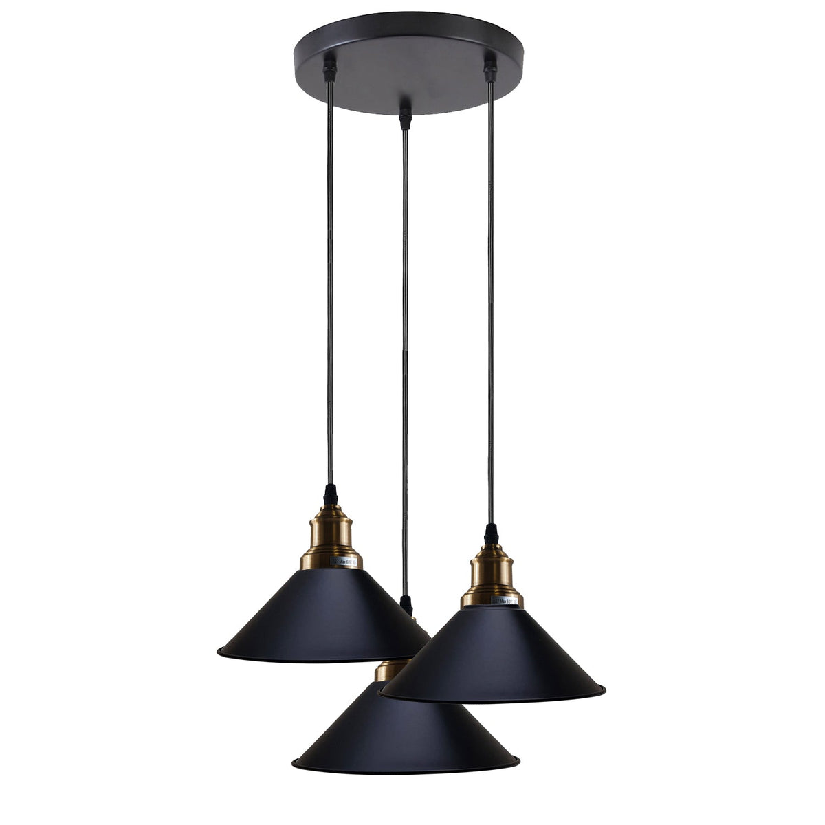 3 Light Cluster Pendant – Round Plate or Bar, 40+ Shade Choices, E27 - Yellow Brass, Flat Cone 22 cm Black, Round Plate, Without Bulb